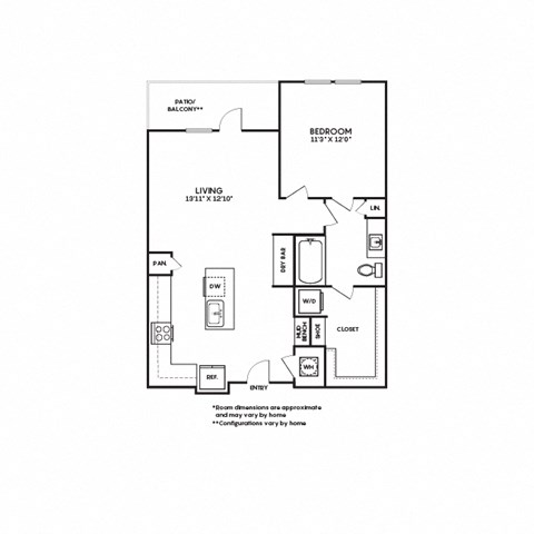 Floor plan for 1 bed, 1 bath, 788 sqft